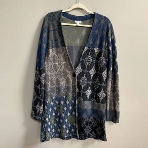 J. Jill Patchwork Cardigan Sweater Women's L Wool Blue Gray Diamond Knit Boho